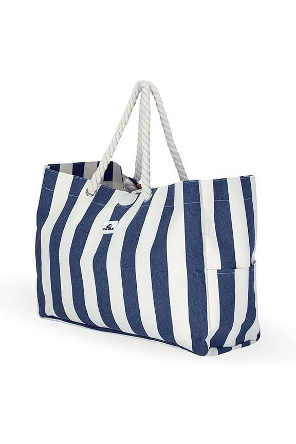 XL Canvas Beach Tote Bag - Water-Resistant Beach Bag with Pockets - Large Pool Bags and Totes - Cute Big Summer Tote Travel Beach Bag - 15x20 (38.1x50.8cm) Navy Stripe