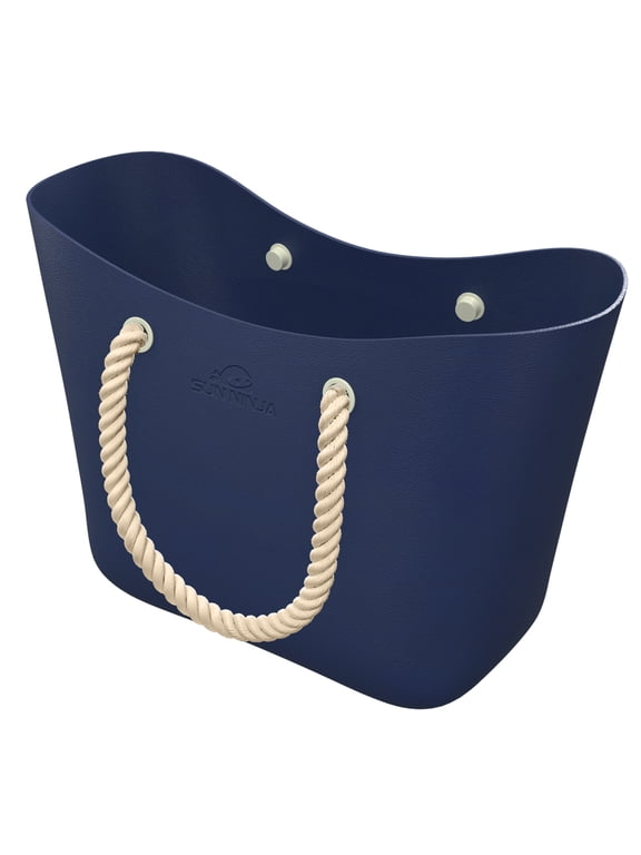 XL Rubber Beach Bag, Navy Blue, Waterproof EVA Tote with Soft Rope Handles, Washable Sandproof Large Beach Tote with Anti-Skid Bottom Grip, Oversized Pool Bag and Boat Bag for Women, Beach,
