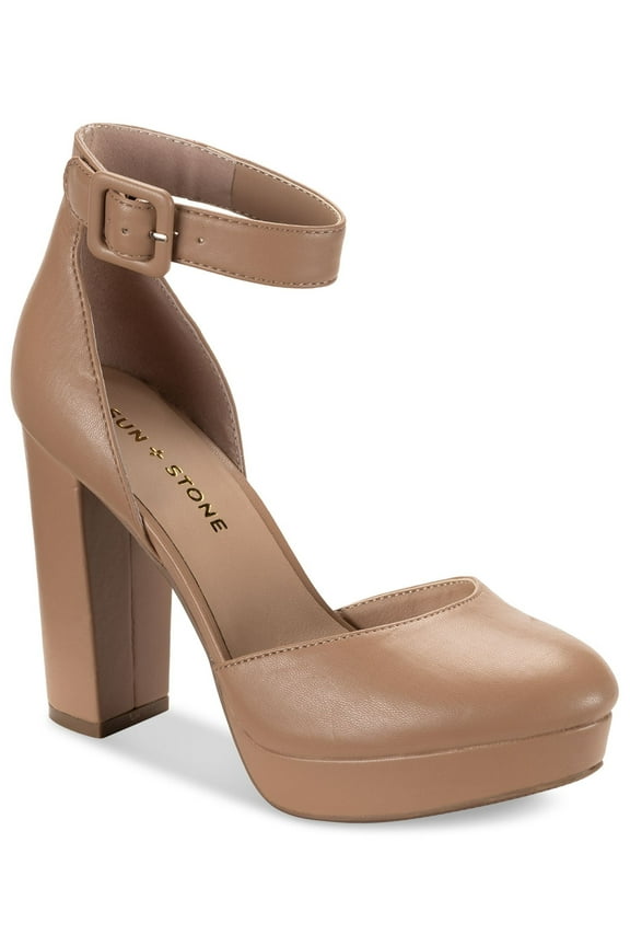 SUN STONE Womens Beige 1" Platform Padded Adjustable Ankle Strap Estrella Round Toe Block Heel Buckle Dress Heeled Sandal 10 M