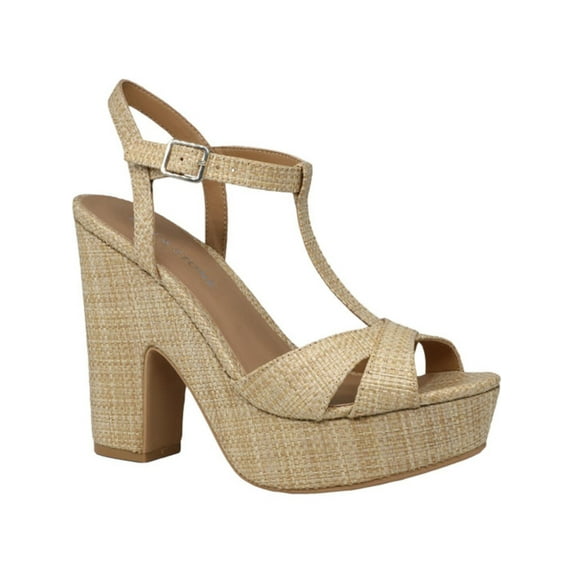 SUN STONE Womens Beige Cushioned Comfort Adjustable Woven-Like 1" Platform T-Strap Slip Resistant Jamie Round Toe Block Heel Buckle Slingback Sandal 9.5 M