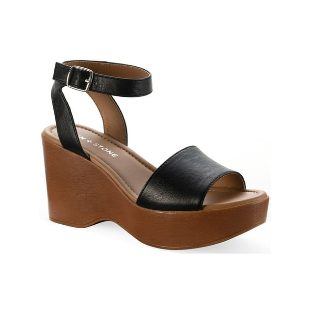 SUN STONE Womens Black 0.5" Platform Strappy Wood-Like Ankle Strap Adjustable Audreey Round Toe Wedge Buckle Slingback Sandal 10 M