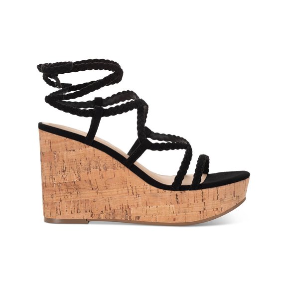 SUN STONE Womens Black 1-1/2" Platform Strappy Braided Trinnie Round Toe Wedge Lace-Up Heeled Sandal 9.5 M