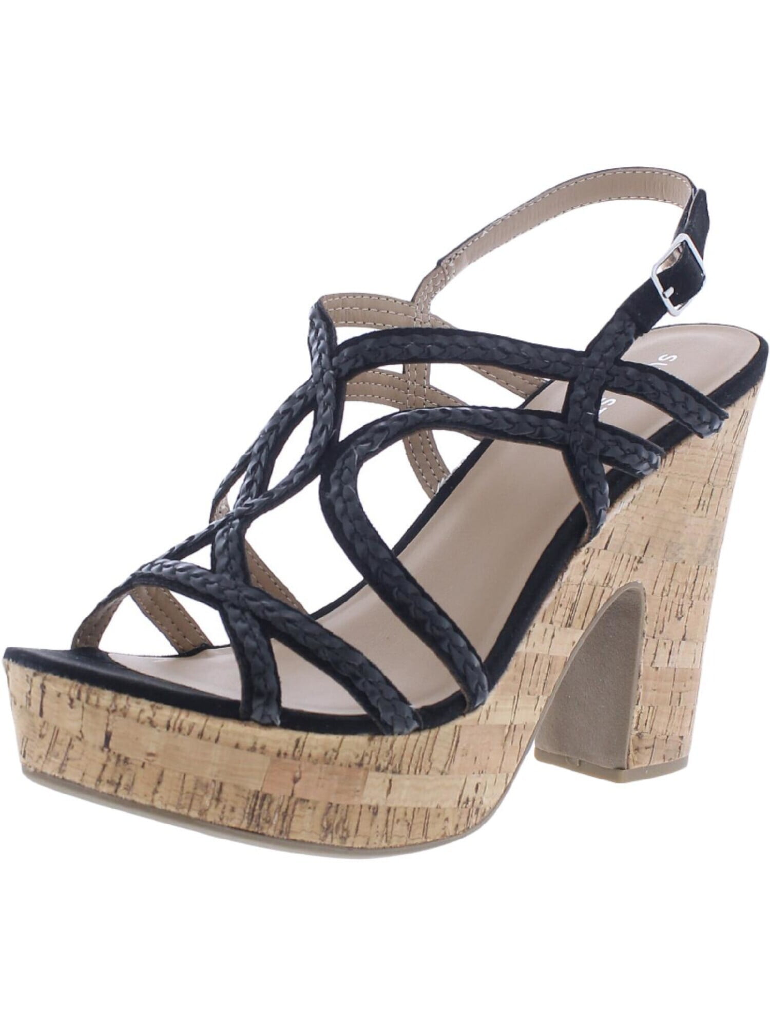 SUN STONE Womens Black 1" Platform Adjustable Cork-Like Braided Padded
