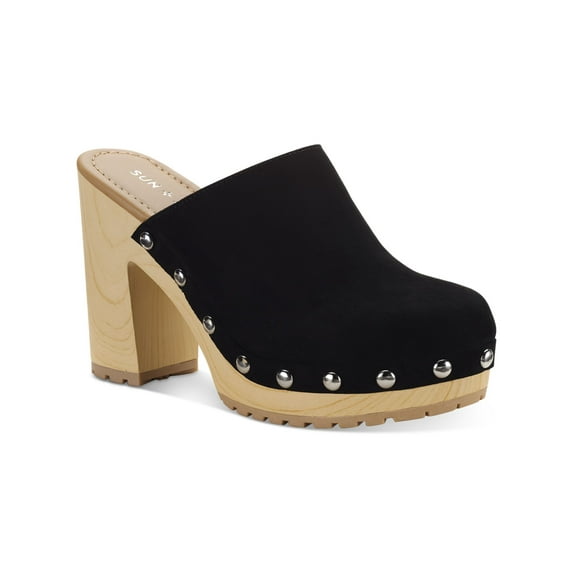 SUN STONE Womens Black 1" Wood-Like Platform Studded Cushioned Taanya Round Toe Block Heel Slip On Clogs Shoes 6.5 M