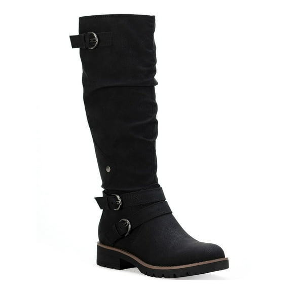 SUN STONE Womens Black Lug Sole Ruched Buckle Accent Stretch Brinley Round Toe Block Heel Zip-Up Riding Boot 10 M