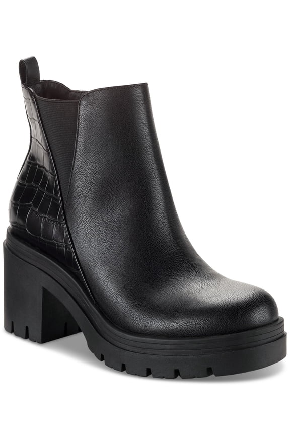 SUN STONE Womens Black Mixed Media 1" Platform Treaded Heel Pull-Tab Croc Lug Sole Goring Veronikaa Round Toe Zip-Up Chelsea Boot 9 M