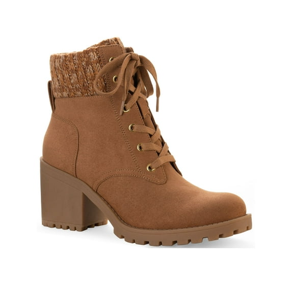 SUN STONE Womens Brown Lace Up Padded Cuff Pull Tab Lug Sole Romina Round Toe Block Heel Zip-Up Hiking Boots 9.5