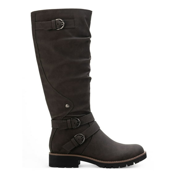 SUN STONE Womens Gray Lug Sole Ruched Buckle Accent Stretch Brinley Round Toe Block Heel Zip-Up Riding Boot 5.5 M