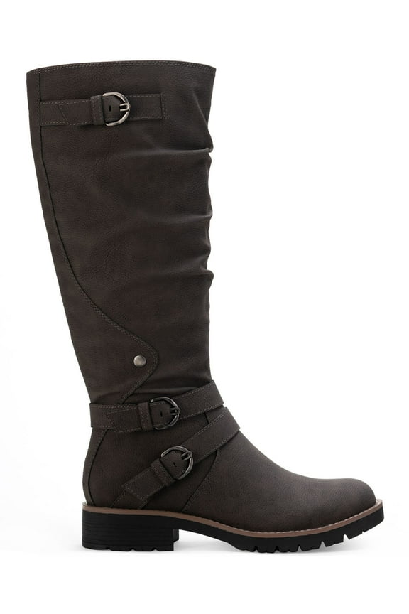 SUN STONE Womens Gray Lug Sole Ruched Buckle Accent Stretch Brinley Round Toe Block Heel Zip-Up Riding Boot 5.5 M