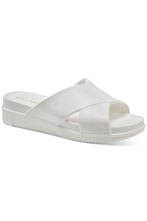 SUN STONE Womens White Comfort Islla Round Toe Wedge Slip On Slide Sandals 7 M