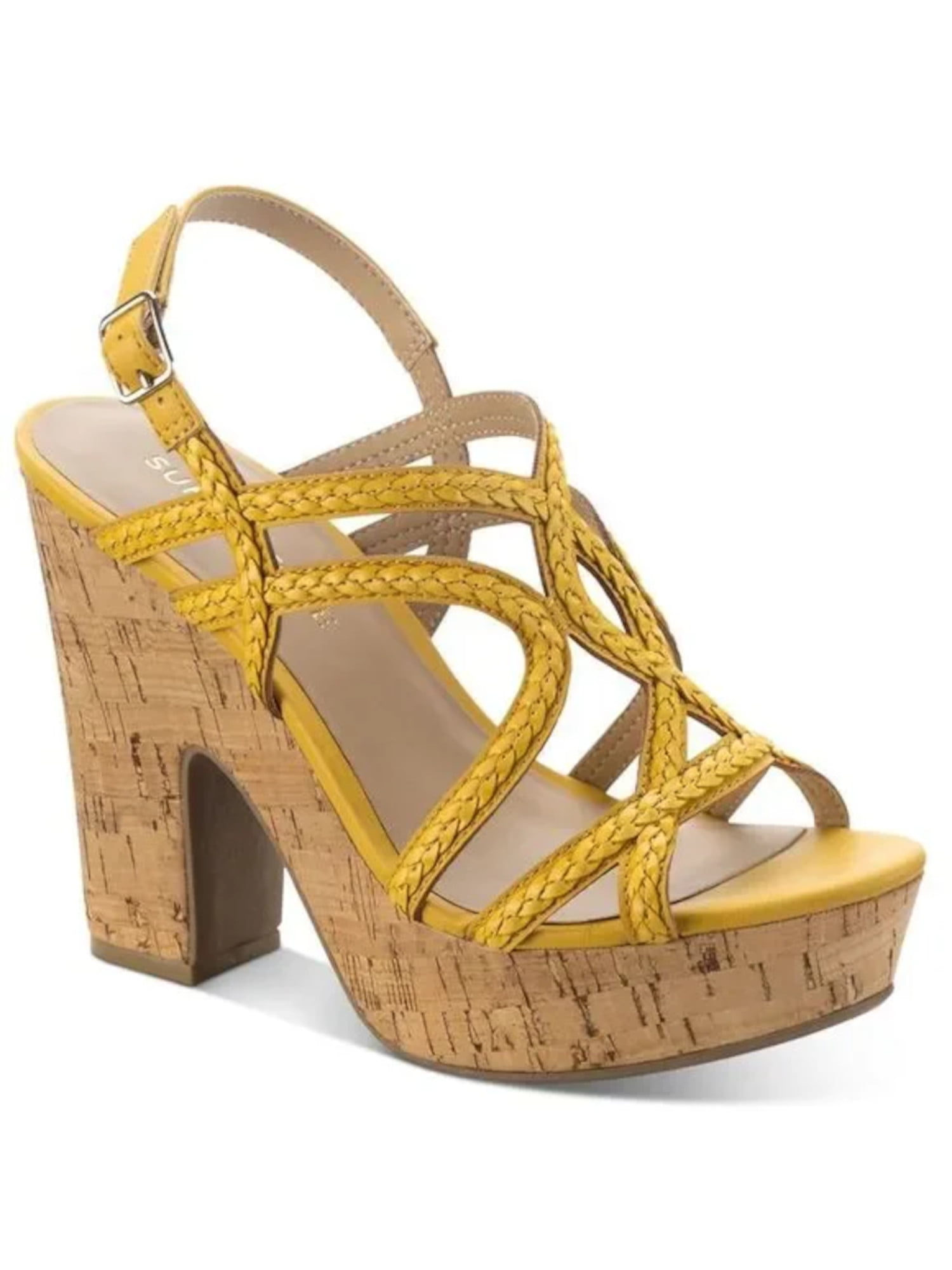 SUN STONE Womens Yellow 1" Platform Adjustable Cork-Like Braided Padded
