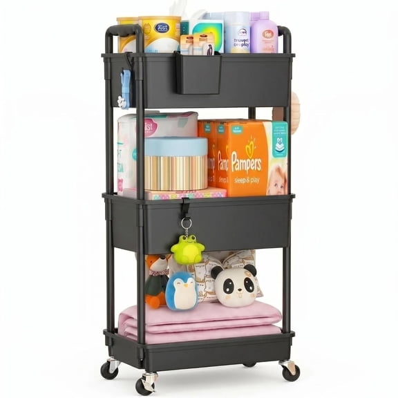 SUNALLY Baby Diaper Caddy Organizer Cart, 3-Tier Rolling Utility Cart with Lockable Wheels for Nursery Essentials, Large Capacity Mobile Storage Carts for Newborn, Black