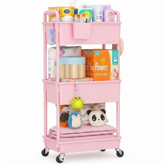 SUNALLY Baby Diaper Caddy Organizer Cart, 3-Tier Rolling Utility Cart with Lockable Wheels for Nursery Essentials, Large Capacity Mobile Storage Carts for Newborn, Pink