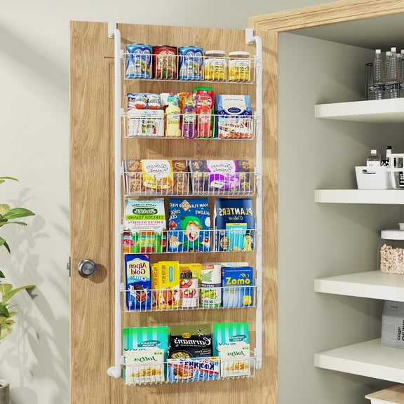 SUNALLY Over The Door Pantry Organizer, 6-Tier Pantry Organization and Storage, Metal Hanging Spice Rack for Kitchen, Laundry, Bathroom, Back of Door Seasoning Rack 6 Baskets, White