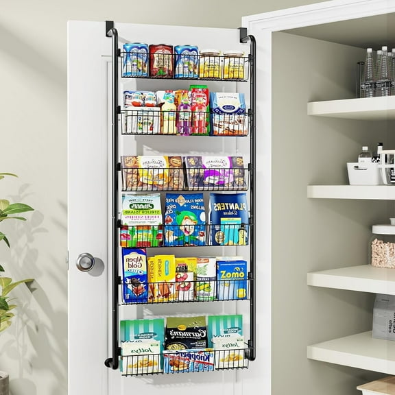 SUNALLY Over The Door Pantry Organizer, 6-Tier Pantry Organization and Storage, Metal Hanging Spice Rack for Kitchen, Laundry, Bathroom, Back of Door Seasoning Rack 6 Baskets, Black