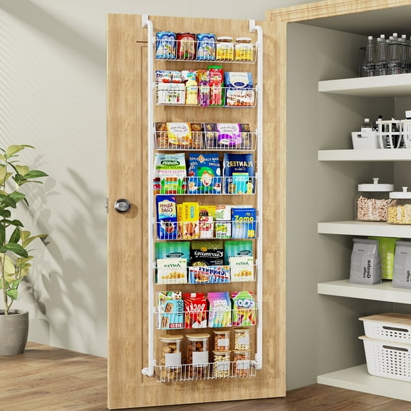 SUNALLY Over The Door Pantry Organizer, 8-Tier Pantry Organization and Storage, Metal Hanging Spice Rack for Kitchen, Laundry, Bathroom, Back of Door Seasoning Rack 8 Baskets, White
