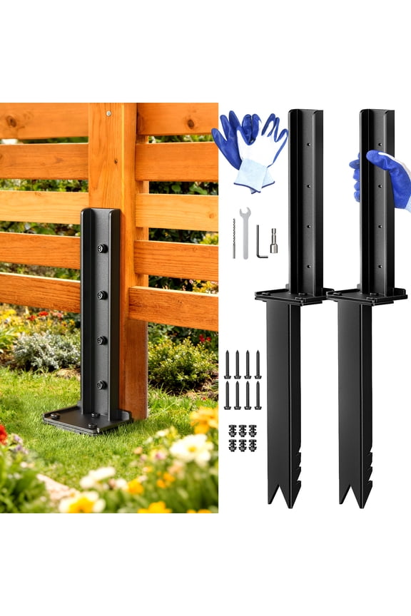 Fence Post Repair Kit 2 Pack, Heavy Duty Fence Post Anchor Ground Stakes, Quick-Fix Wood Support for Tilted/Broken Wood Posts with Gloves/Installation