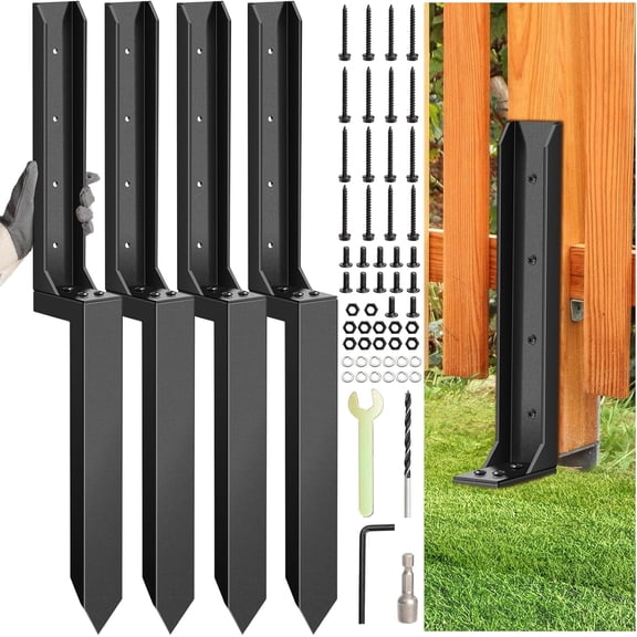 SUNALLY Fence Post Repair Kit 4 Pack, Heavy Duty Fence Post Anchor Ground Stakes, Quick-Fix Wood Support for Tilted/Broken Wood Posts with Gloves/Installation