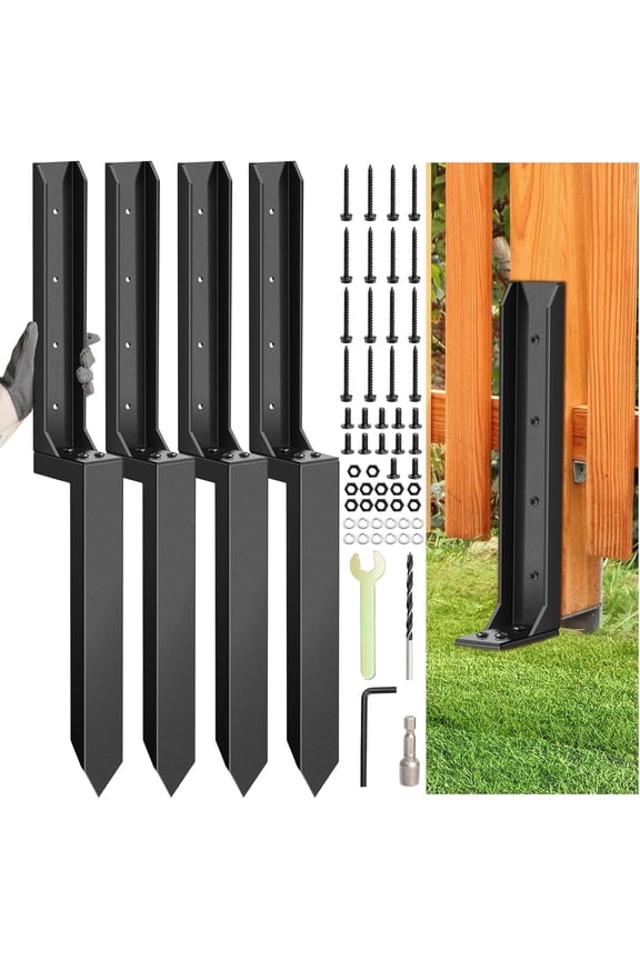 Fence Post Repair Kit 4 Pack, Heavy Duty Fence Post Anchor Ground Stakes, Quick-Fix Wood Support for Tilted/Broken Wood Posts with Gloves/Installation