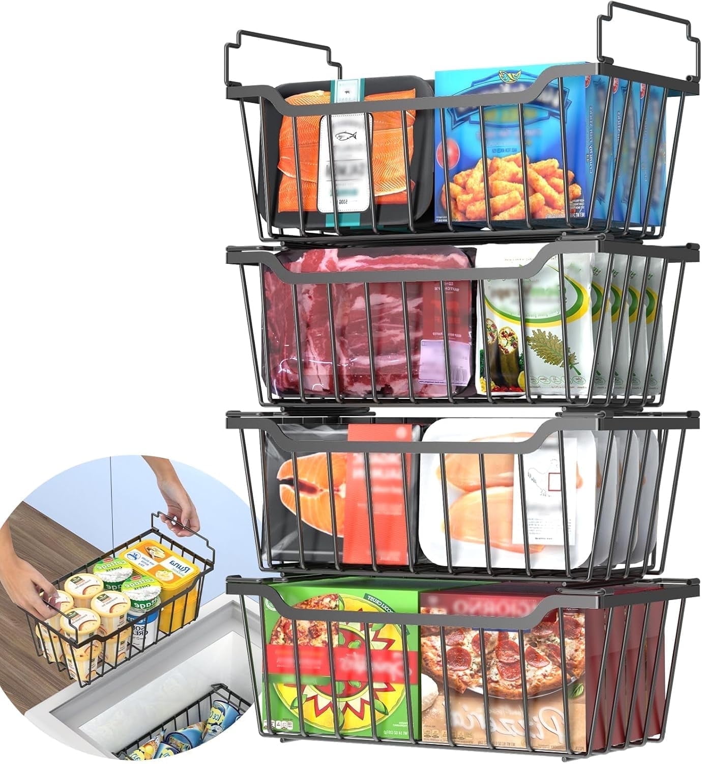 SUNALLY Freezer Organizer Bins 4 Pack Stackable Wire Baskets with