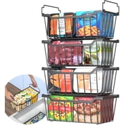 SUNALLY Freezer Organizer Bins 4 Pack, Stackable Freezer Baskets with Foldable Handle for 3.5-7 Cu.FT Deep Chest Freezer Organization, Coated Metal Storage Bins Black