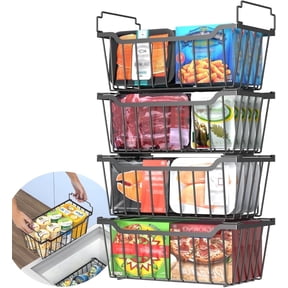 SUNALLY Freezer Organizer Bins 4 Pack, Stackable Freezer Baskets with Foldable Handle for 3.5-7 Cu.FT Deep Chest Freezer Organization, Coated Metal Storage Bins Black