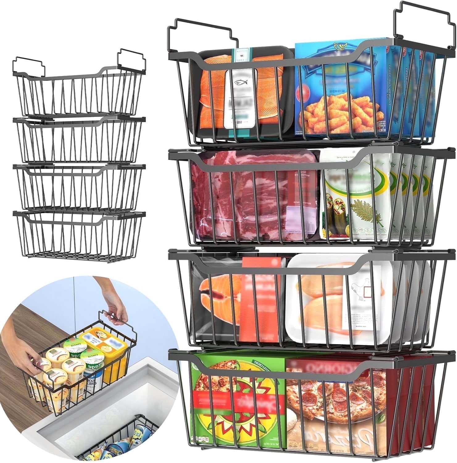 SUNALLY, Freezer Organizer Bins, Stackable, Foldable Handles