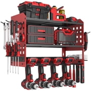 SUNALLY Power Tool Organizer, 3 Layers Drill Holder Wall Mount with 2 Side Pegboards, Heavy Duty Tool Storage Rack for Garage, 150Lbs Load Capacity, Red