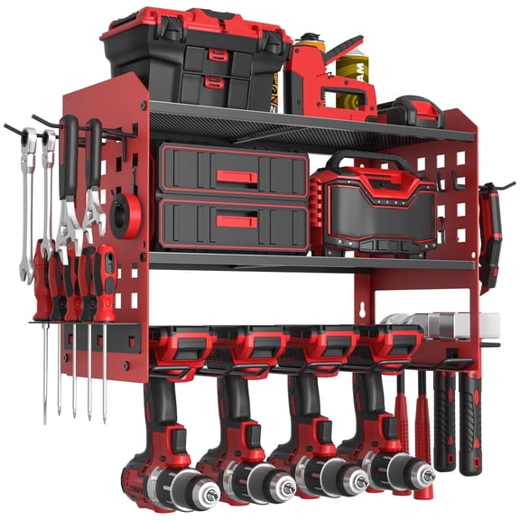 SUNALLY Power Tool Organizer, 3 Layers Drill Holder Wall Mount with 2 Side Pegboards, Heavy Duty Tool Storage Rack for Garage, 150Lbs Load Capacity, Red