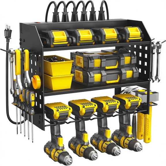 SUNALLY Power Tool Organizer with Charging Station 6 Outlets, 3 Layers Wall Mount Metal Tool Storage Rack with 4 Drill Holders, Heavy Duty Drill Storage Shelf for Garage, Warehouse, Workshop, Black