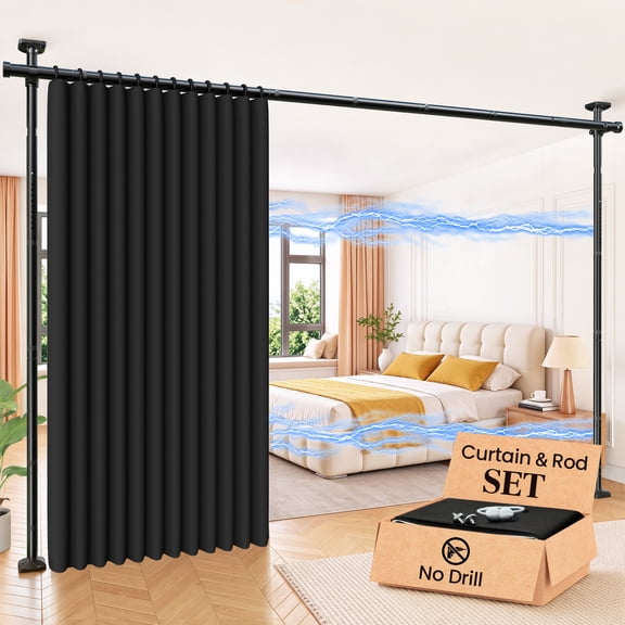 SUNALLY Room Divider Curtain Set, Includes Black Curtain (W100 x L84 in, 1 Panel) & Tension Curtain Rod No Drilling (W35-100 x H43-120 in) Adjustable, Heavy Duty Wall Separator for Privacy