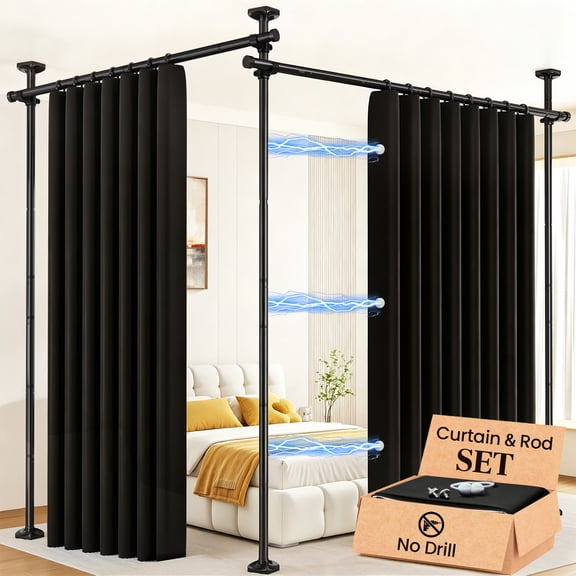 SUNALLY Room Divider Curtain Set, Includes Black Curtain (W100 x L84 in, 2 Panels) & Tension Curtain Rod No Drilling (W35-200 x H43-120 in) Adjustable, Heavy Duty Wall Separator for Privacy