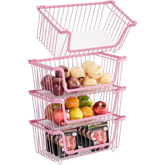 SUNALLY Stackable Metal Wire Baskets for Pantry Organizer, 4-Pack Kitchen Countertop Storage Potato Onion Vegetable Fruit Basket, Freezer Organizer Bins with Handle, Pink