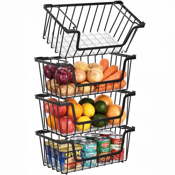 SUNALLY Stackable Metal Wire Baskets for Pantry Organizer, 4-Pack Kitchen Countertop Storage Potato Onion Vegetable Fruit Basket, Freezer Organizer Bins with Handle, Black