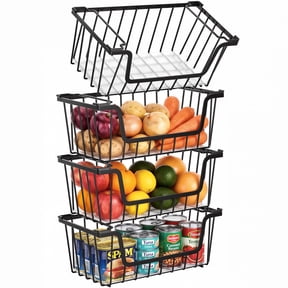 SUNALLY Stackable Metal Wire Baskets for Pantry Organizer, 4-Pack Kitchen Countertop Storage Potato Onion Vegetable Fruit Basket, Freezer Organizer Bins with Handle, Black