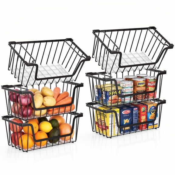 SUNALLY Stackable Metal Wire Baskets for Pantry Organizer, 6-Pack Kitchen Countertop Storage Potato Onion Vegetable Fruit Basket, Freezer Organizer Bins with Handle, Black