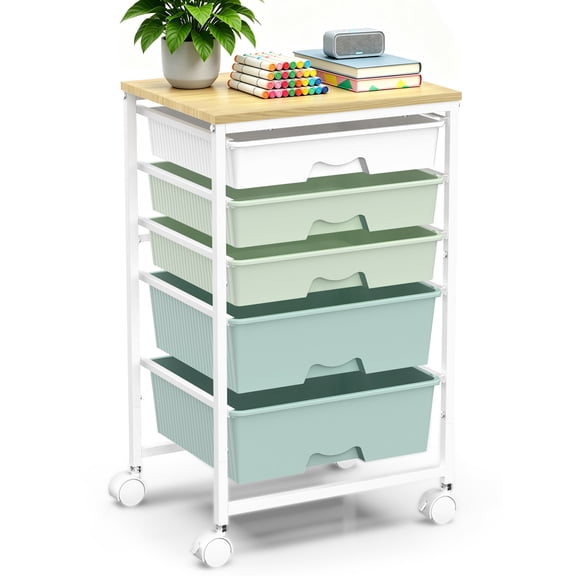 SUNALLY Utility Cart with 5 Drawers, Rolling Storage Drawer Organizers with Wooden Tabletop and Lockable Wheels, 5 Tier Craft Trolley Cart for Bedroom Office Dorm, Green