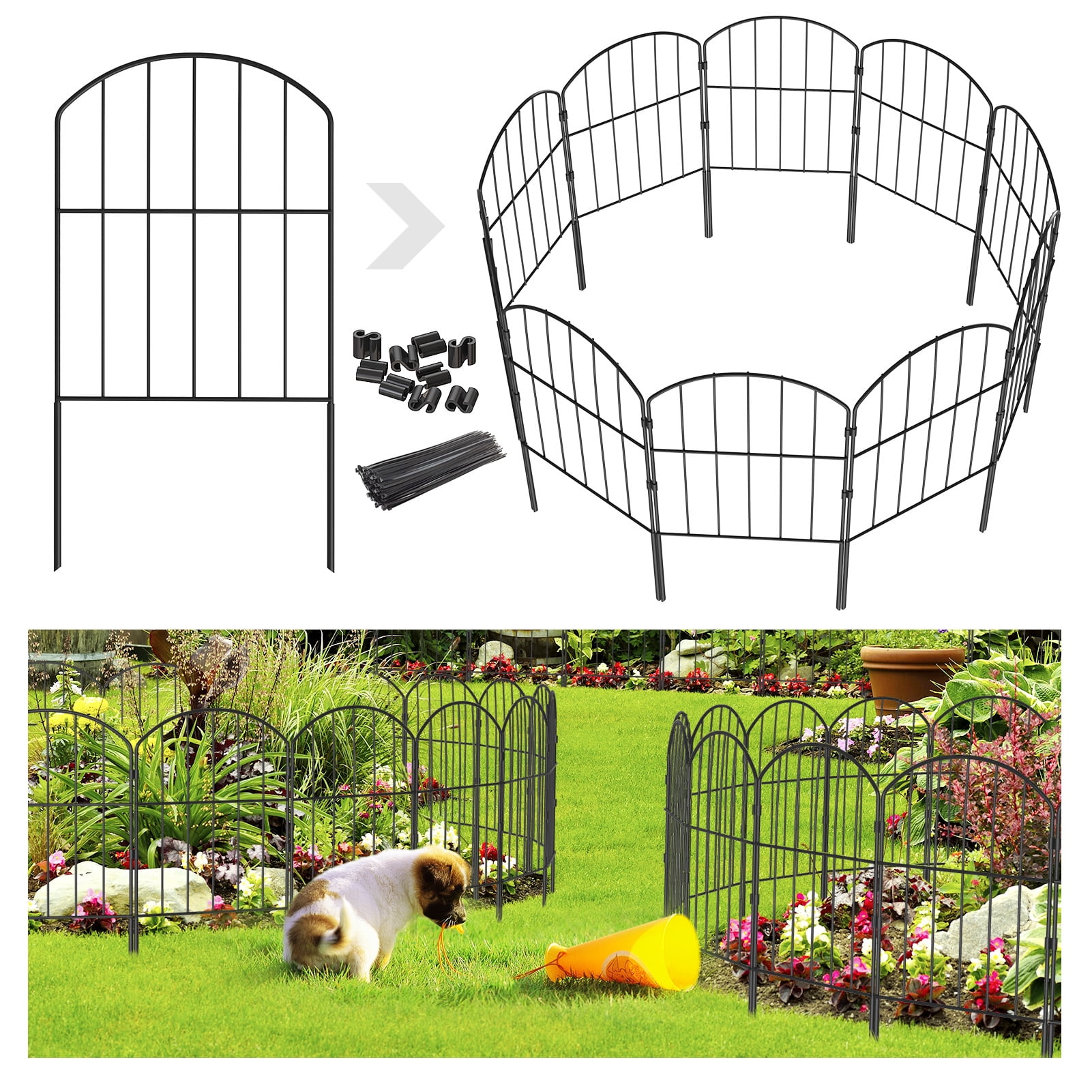 SUNALLY Metal Garden Fences and Borders, Total 10ft(L) x 24in(H) Rustproof Fencing Animal Barrier, 10 Piece Decorative Fence Panels for Yard, Lawn and Patio