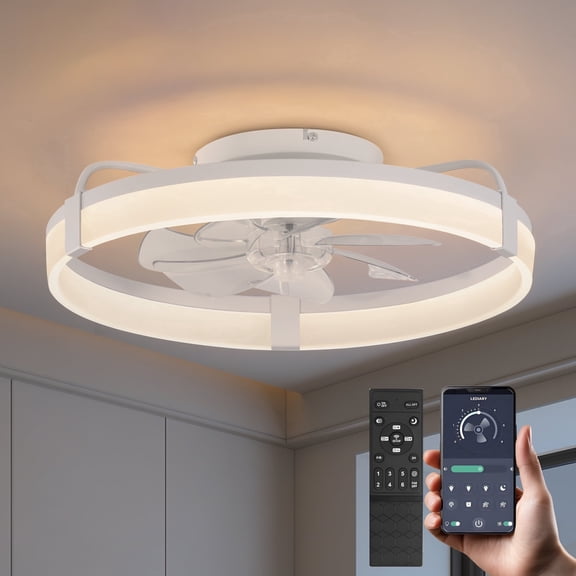 SUNBEAK Ceiling Fan with Light,20" Flush Mount Ceiling Fan with Light and Remote Control,Modern LED Low Profile Ceiling Fan,Bladeless White Ceiling Fan For Bedroom,Living Room