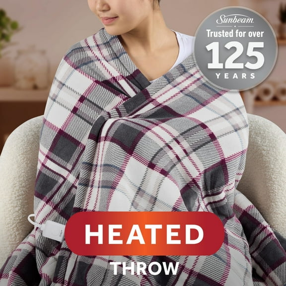 Sunbeam Heated Throw Blanket Super Soft Microplush Oversize Merlot Plaid Faux Shearling 4 Heat Settings