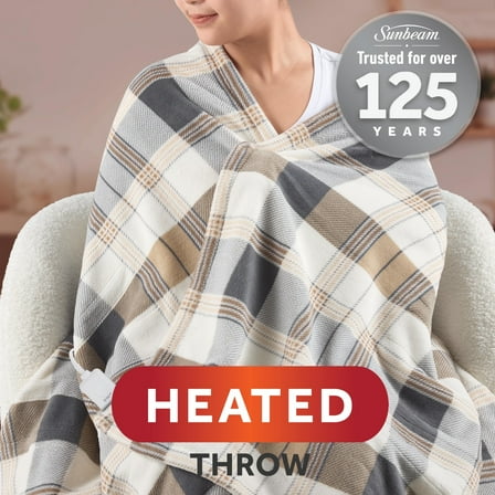 Sunbeam Electric Heated Throw Blanket Neutral Plaid Microplush 4 Heat Settings 50x70
