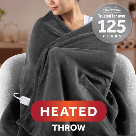 Sunbeam Electric Heated Throw Blanket Oversize Grey stone Microplush 4 Heat Settings