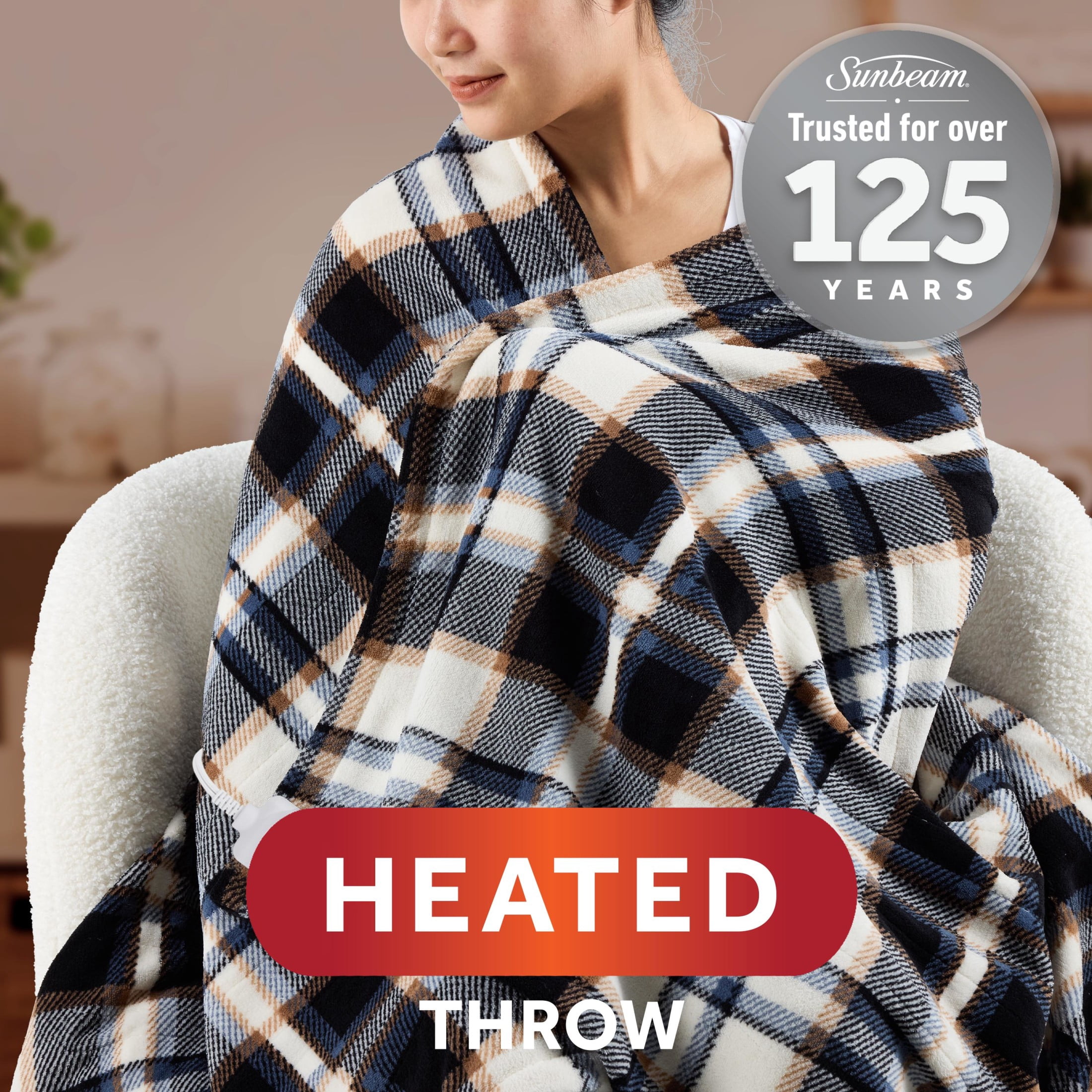 Sunbeam Electric Heated Throw Blanket Black Plaid Microplush 4 Heat Settings 50x70