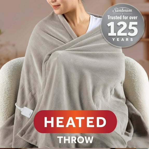Sunbeam Electric Heated Throw Blanket Oversize Washed Stone Microplush 4 Heat Settings