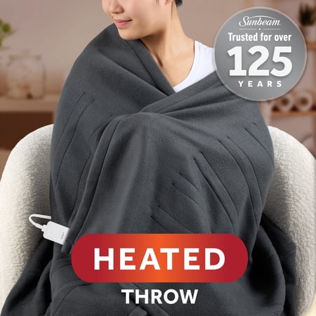SUNBEAM ELECTRIC HEATED THROW BLANKET GRAY FLEECE 4...