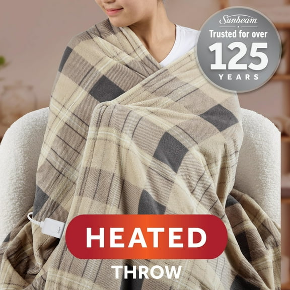 Sunbeam Electric Heated Throw Blanket Earthy Plaid Super Soft Microplush 4 Heat Settings Oversized 60x80
