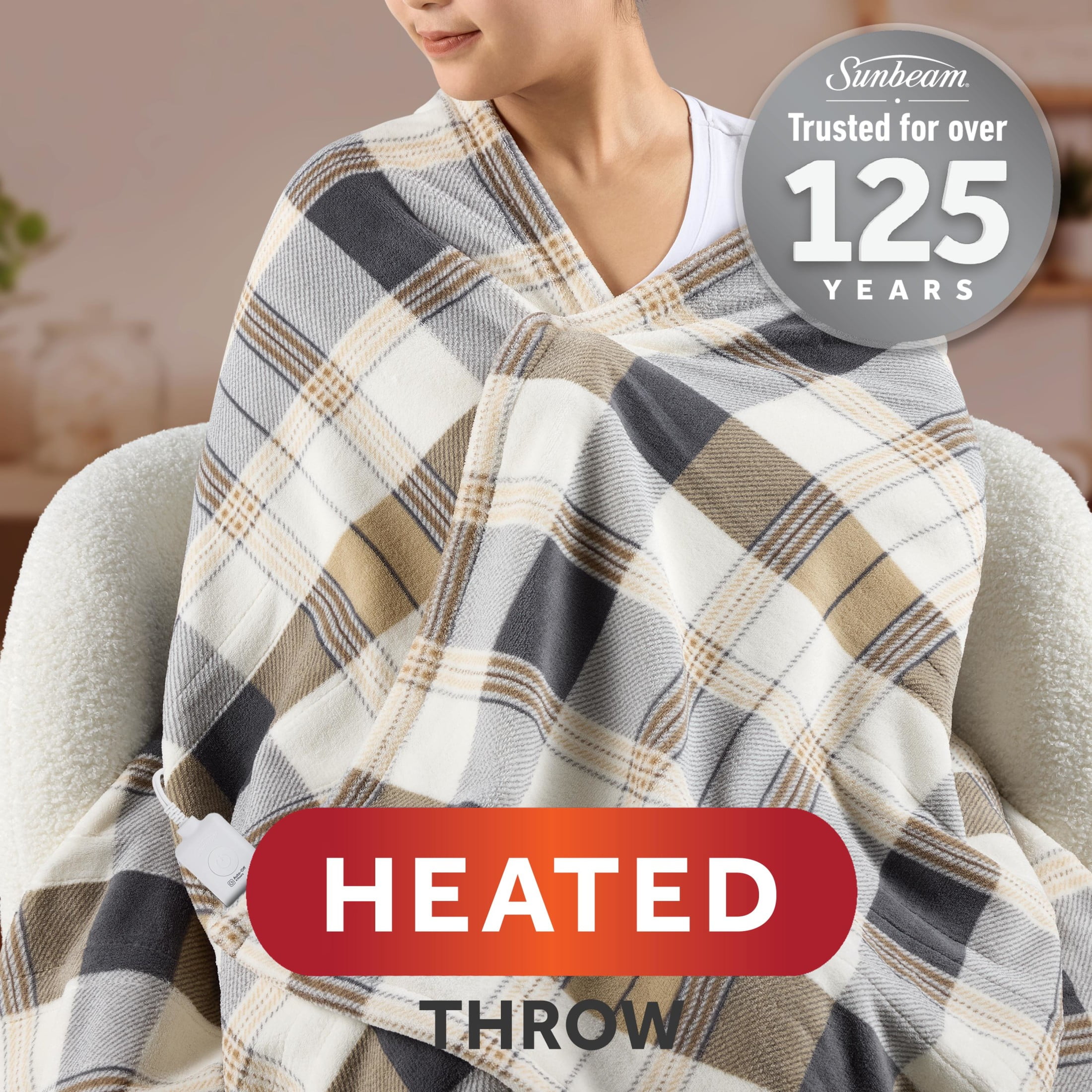 Sunbeam Electric Heated Throw Blanket Neutral Plaid Super Soft