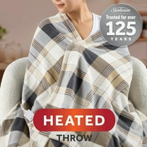 Sunbeam Electric Heated Throw Blanket Neutral Plaid Super Soft Microplush 4 Heat Settings Oversized 60x80