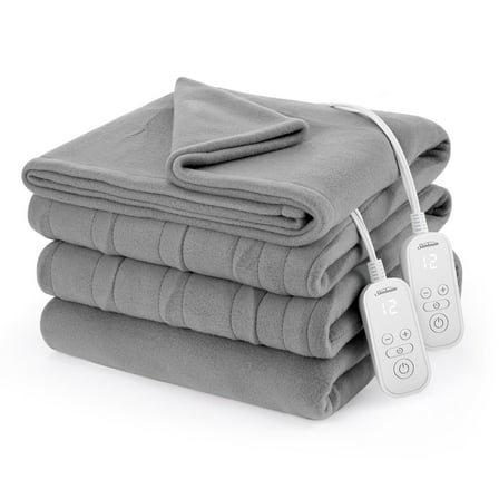 Sunbeam Electric Heated Bed Blanket Gray Soft Brushed Fleece 12 Heat Settings Queen 90 x 84