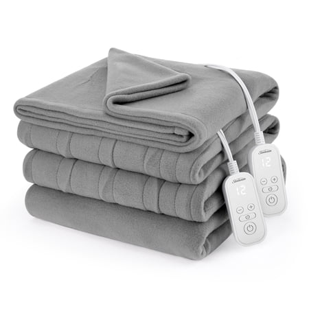 Sunbeam Electric Heated Blanket Gray Brushed Fleece 12 Heat Settings Queen 90 x 84
